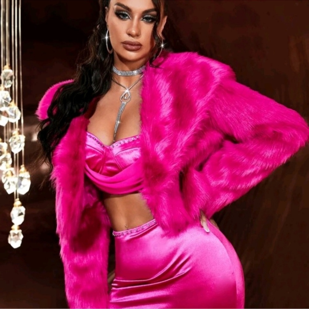 NWT HOT PINK WATERFALL COLLAR OPEN FRONT BARBIECORE FUZZY JACKET COAT SZ m